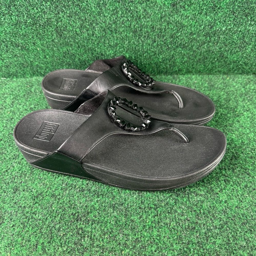FitFlop Women's Lulu Crystal Circlet Leather Toe Post Sandals Black Size 10